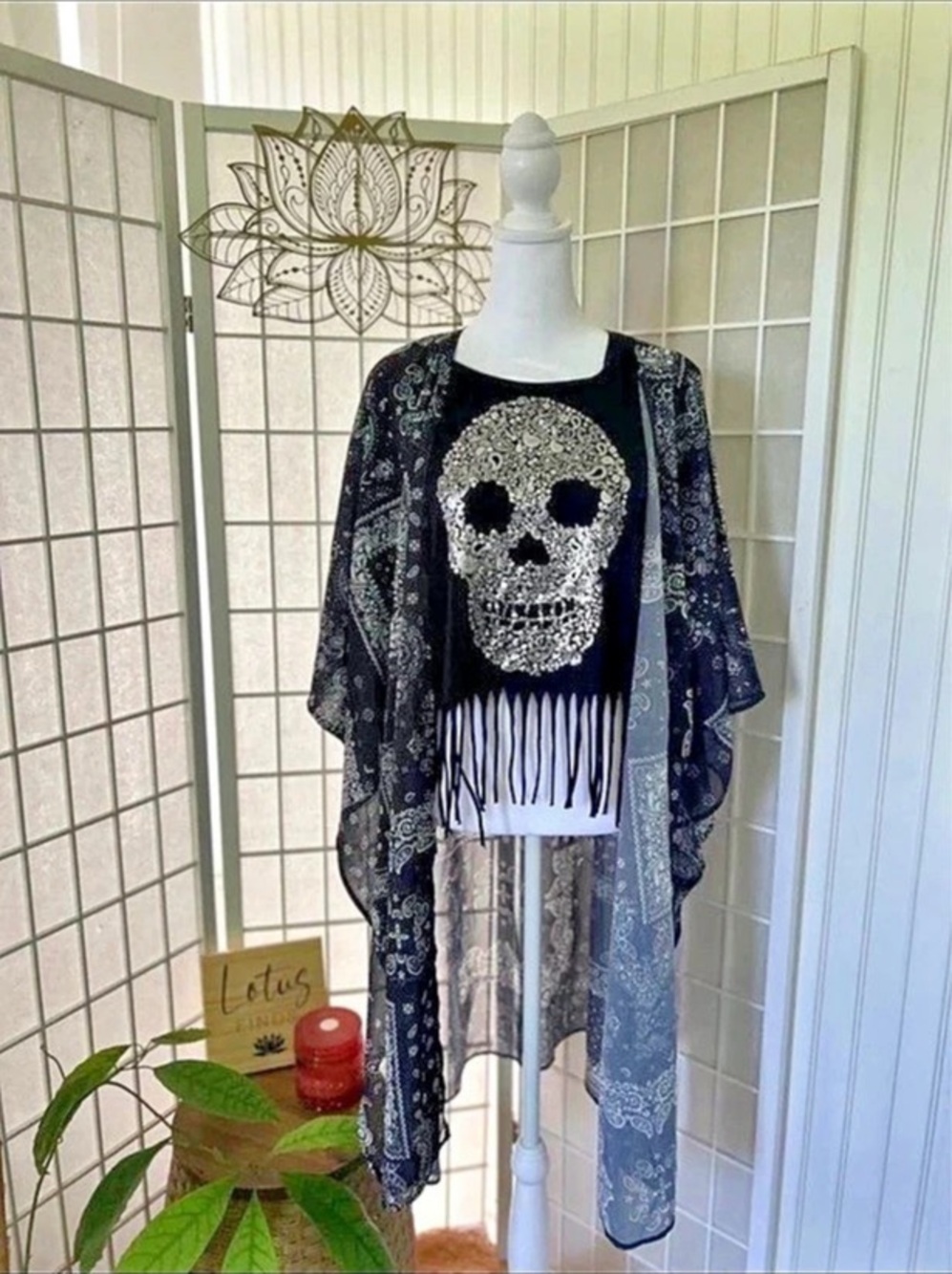 Two-Piece Skull Graphic Tee & Paisley Kimono Set